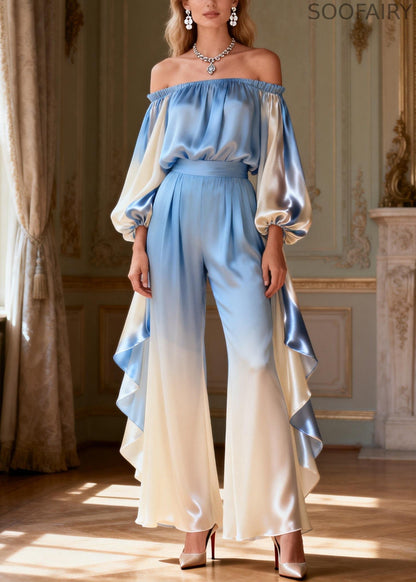 Gradient Color Slash Neck Ruffled Silk Two Piece Set Spring