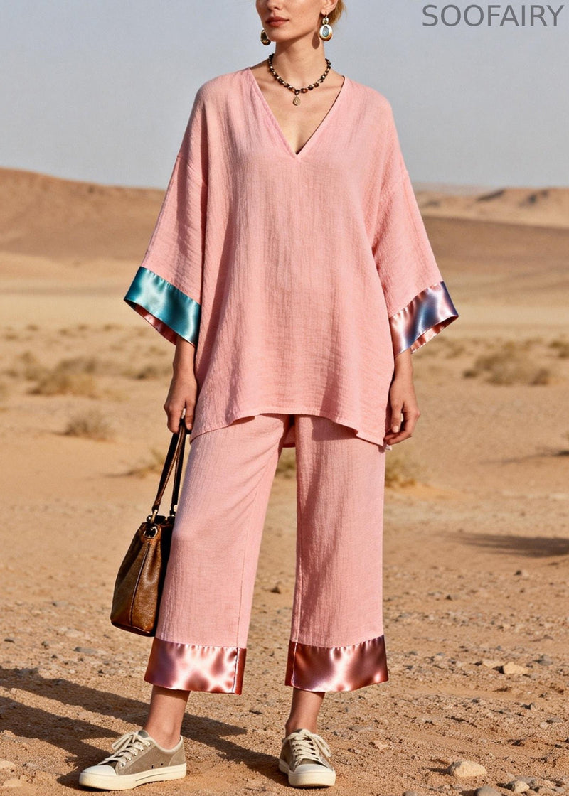 Pink Oversized Tops and Crop Pants Silk Patchwork Two Pieces Set V Neck