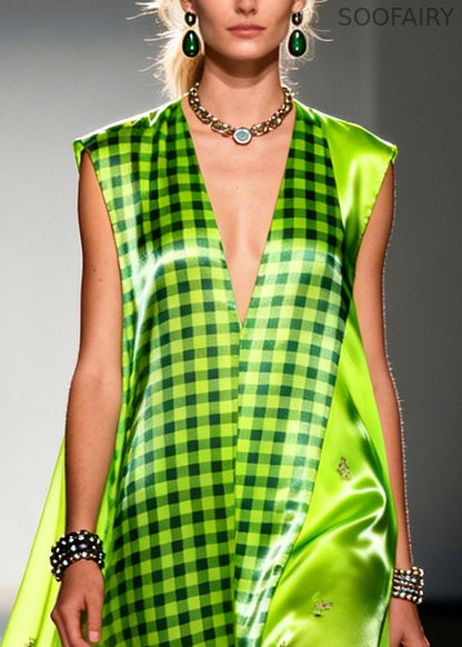 Fluorescent Green Plaid Patchwork Silk Ankle Dress Sleeveless