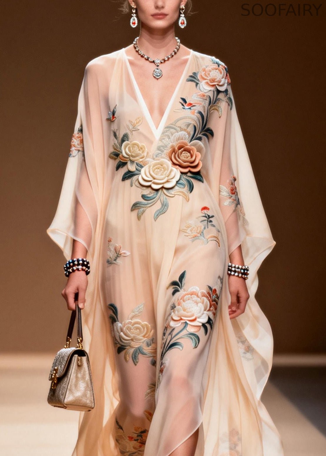 V Neck Print Wrinkled Chiffon Maxi Dresses Spring