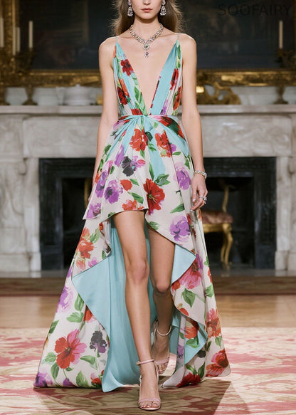 V Neck Print Low High Design Chiffon Spaghetti Strap Dress Summer