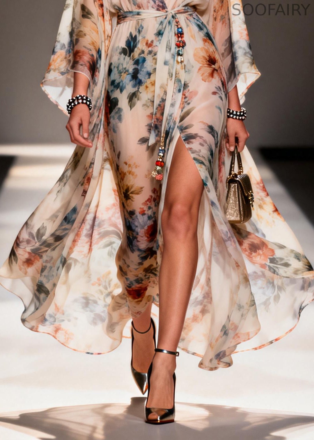 Modern Apricot Print Side Open Chiffon Tunic Dress Summer