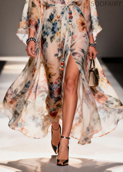 Modern Apricot Print Side Open Chiffon Tunic Dress Summer