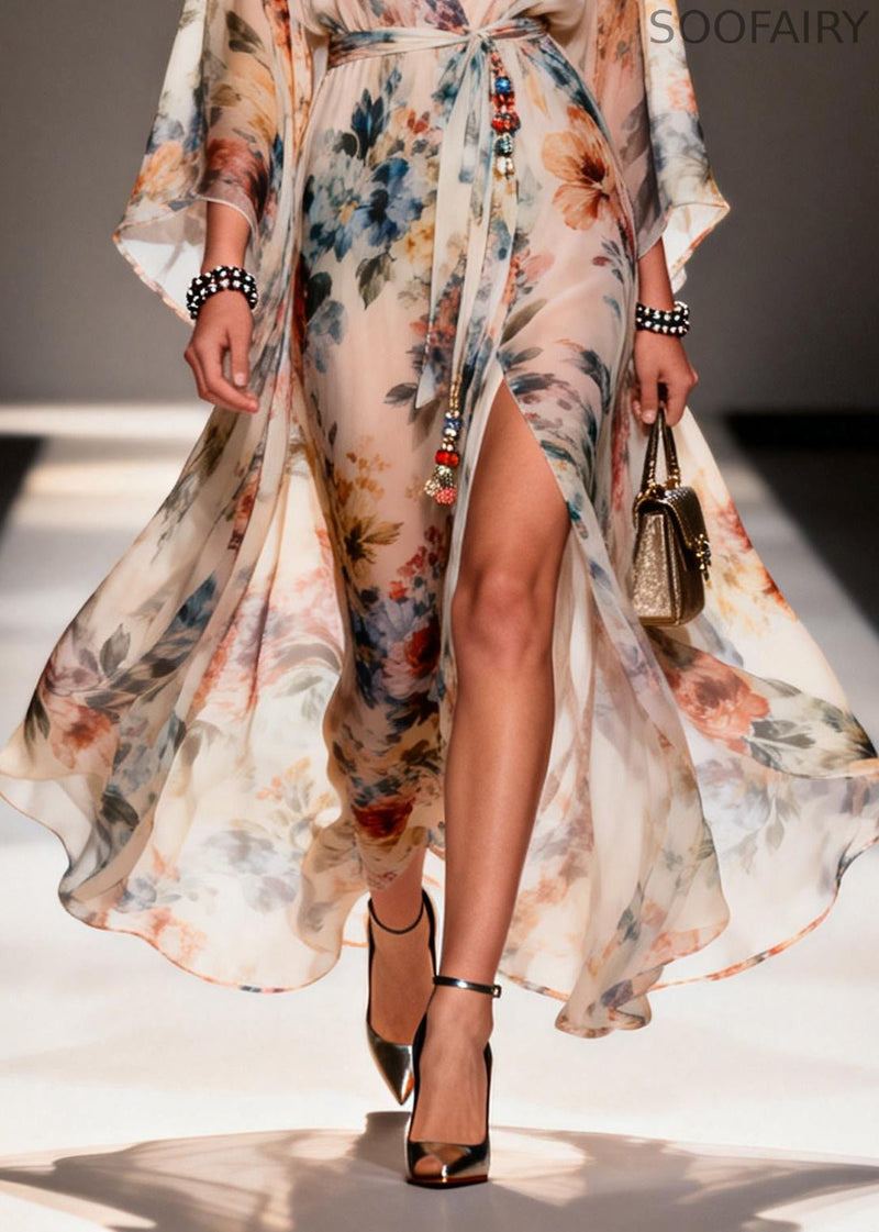Modern Apricot Print Side Open Chiffon Tunic Dress Summer