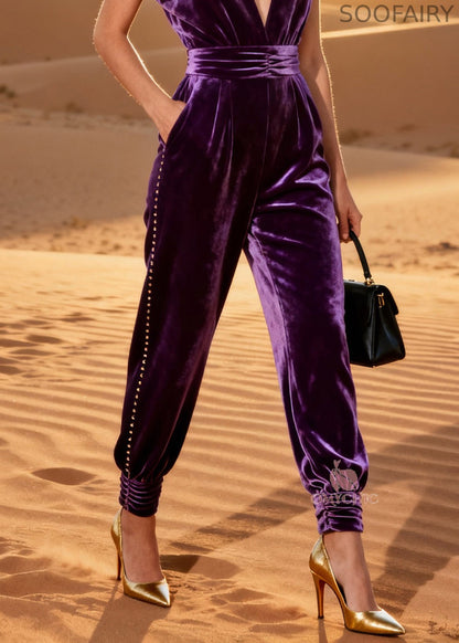 Natural Purple V Neck Patchwork Silk Velvet Jumpsuit Summer
