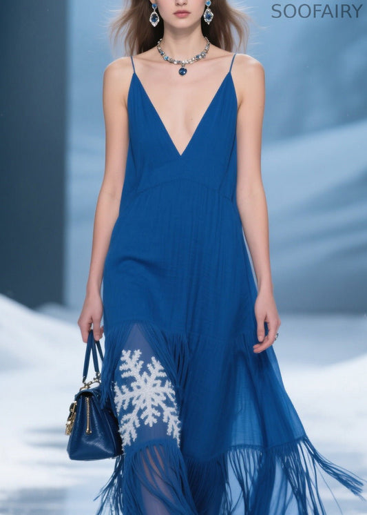Blue Tassel Patchwork Spaghetti Strap Dress Summer