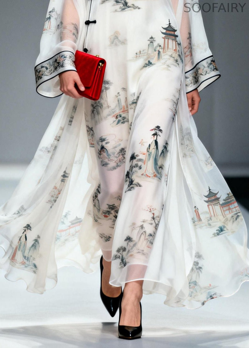 Chinese Style White Print Exra Large Hem Chiffon Dresses Summer