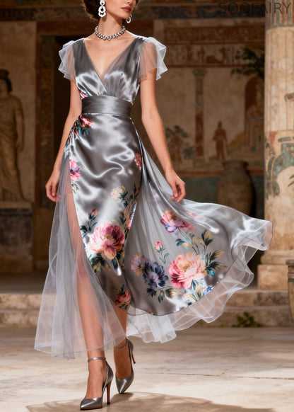 Grey V Neck Print Patchwork Silk Dress Summer