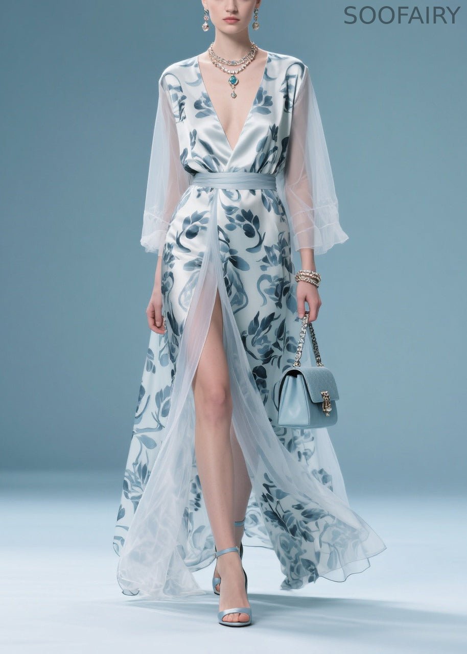 Italian Light Blue Print Patchwork Tulle Maxi Dress Summer