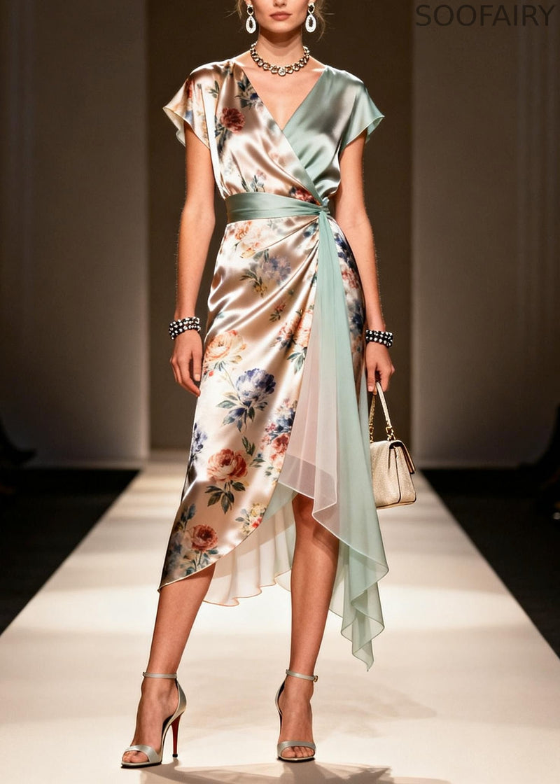 Khaki Asymmetrical Print Chiffon Maxi Dress Summer