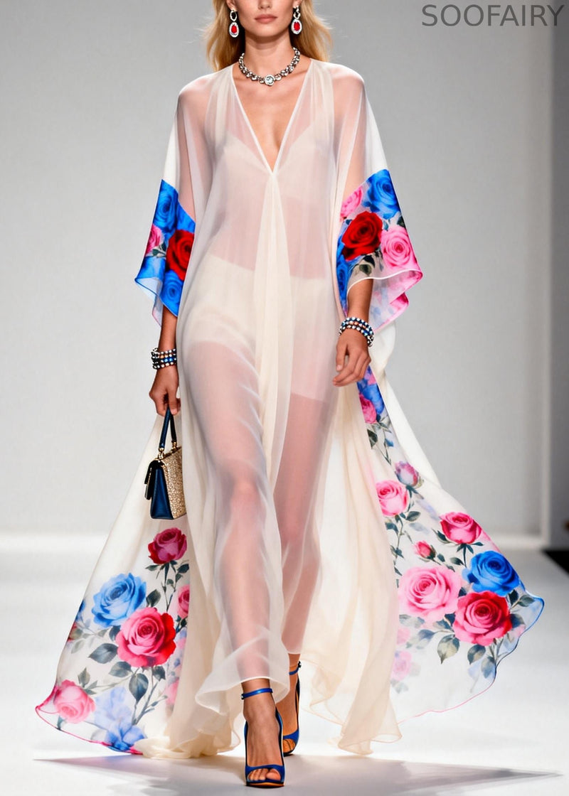 White Oversized Print Sheer Chiffon Maxi Dresses Summer