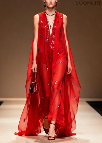 Red Sequins Rhinestone Chiffon Evening Dress Sleeveless