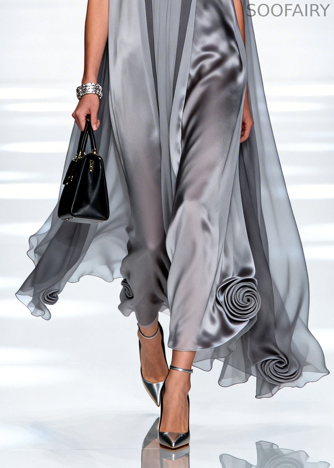 Loose Grey Oversized Stereoscopic Chiffon Long Dress Sleeveless