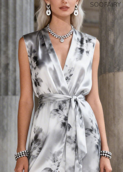 French Grey Ruffled Tie Dye Chiffon Robe Dresses Sleeveless