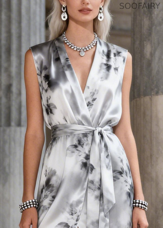 French Grey Ruffled Tie Dye Chiffon Robe Dresses Sleeveless