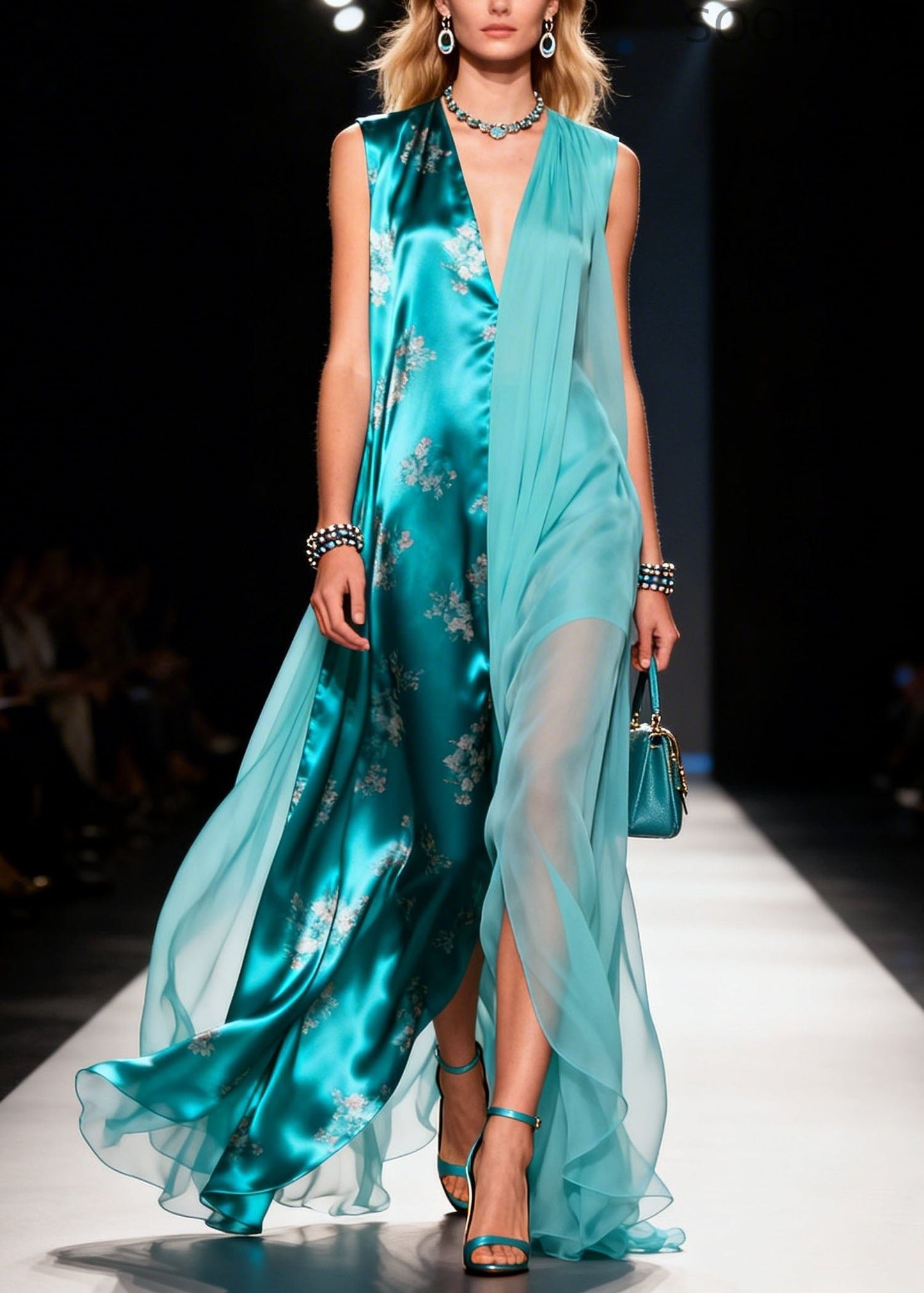 New Colorblock V Neck Print Patchwork Chiffon Long Dress Sleeveless