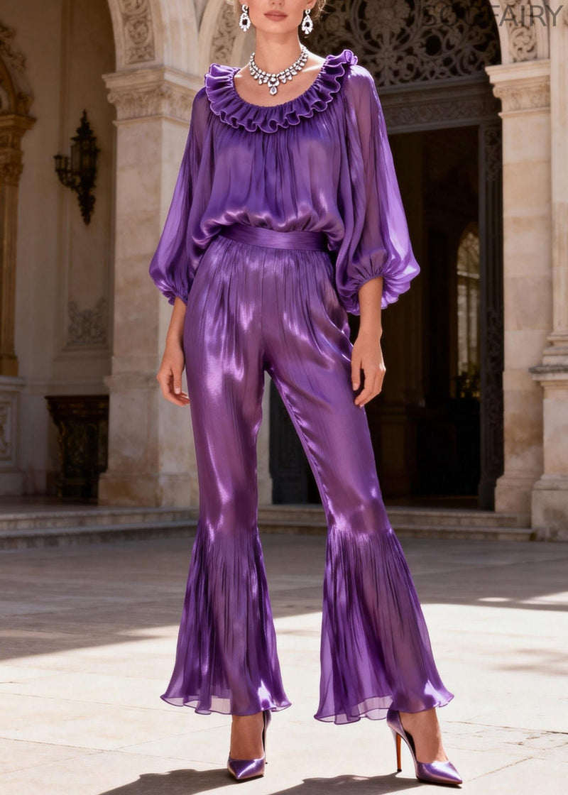 Purple High Waist Silk Two Pieces Set Ruffled Lantern Sleeve