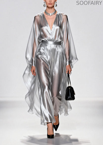 Silvery Tunic Draping Chiffon Long Dress Summer
