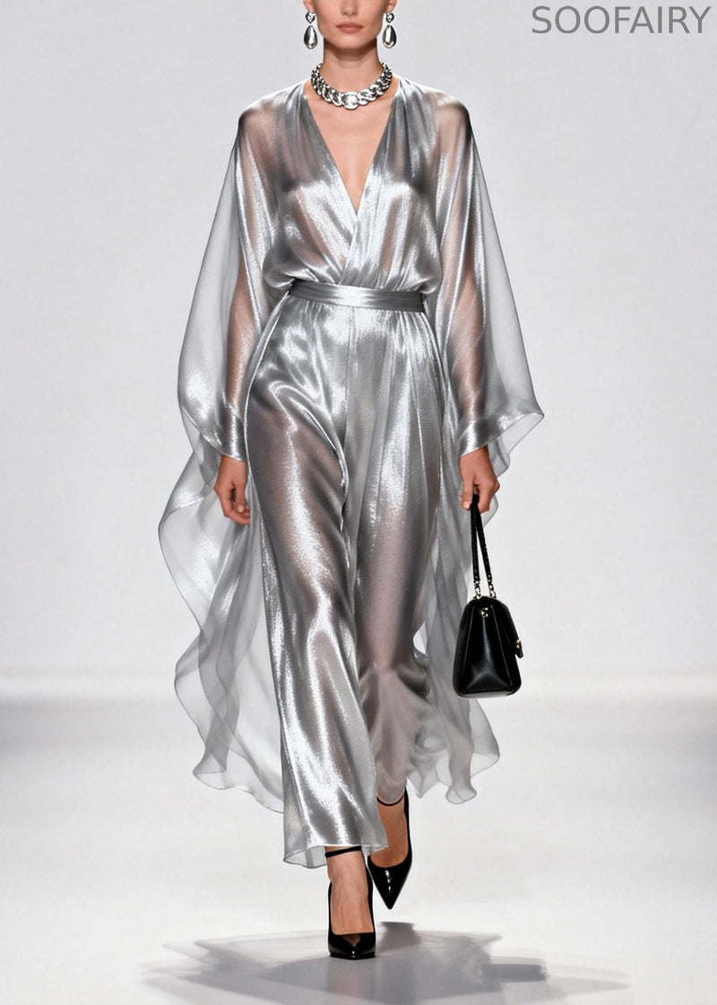 Silvery Tunic Draping Chiffon Long Dress Summer