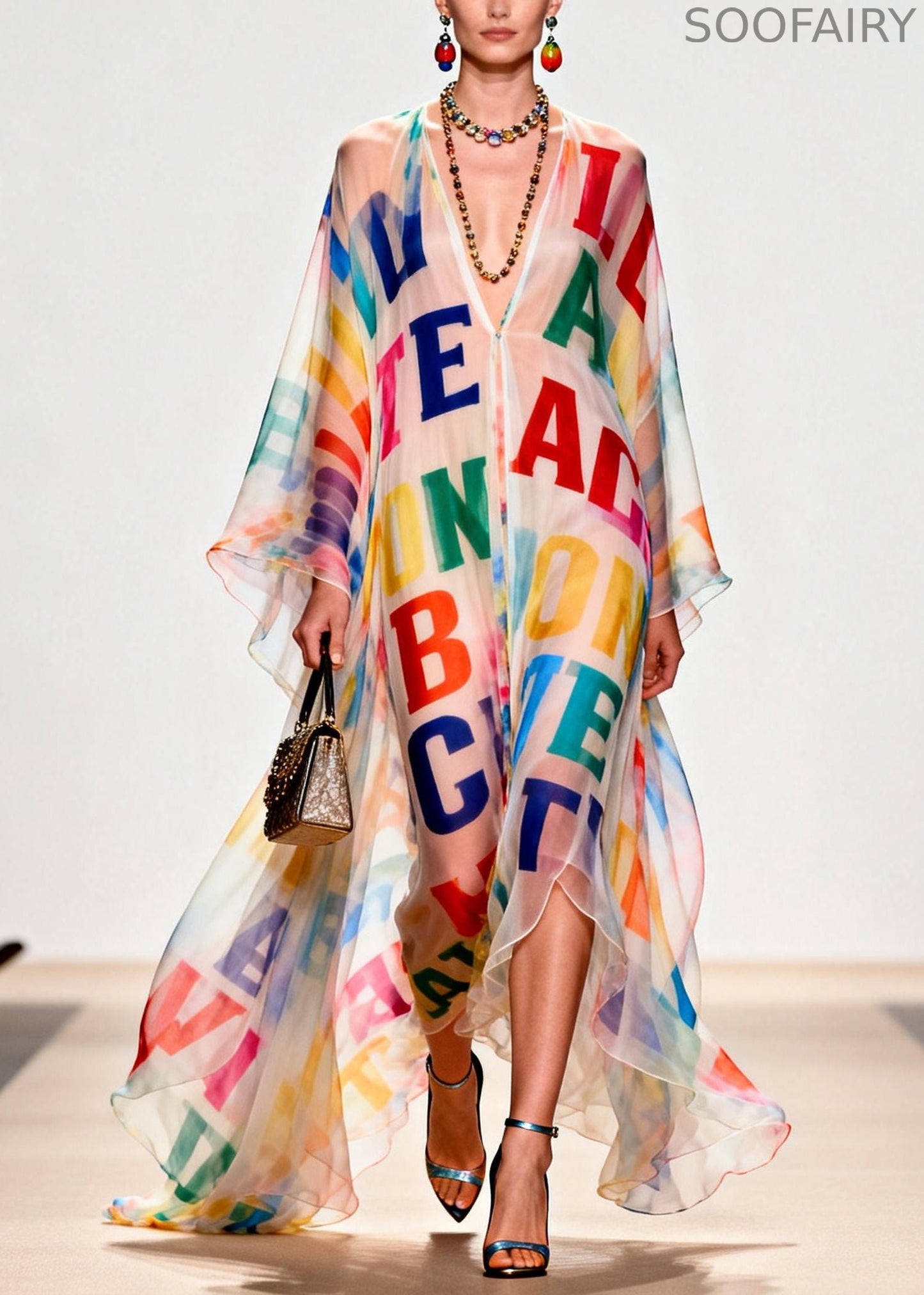 Oversized Letter Print Exra Large Hem Chiffon Beach Dress Summer