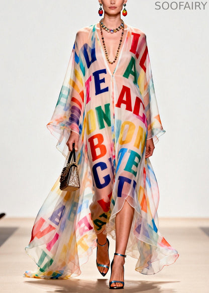 Oversized Letter Print Exra Large Hem Chiffon Beach Dress Summer