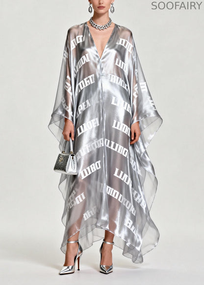 Diy Silvery Oversized Letter Print Chiffon Maxi Dress Summer