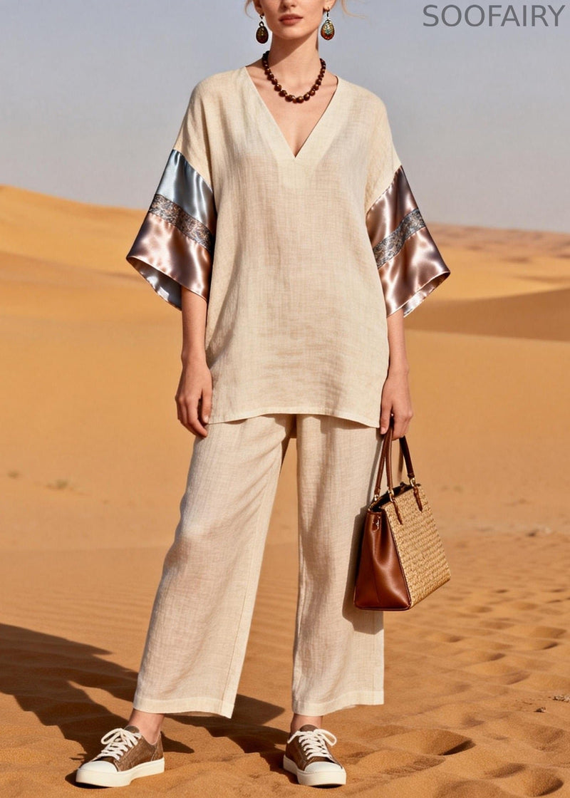 V Neck Patchwork Linen Silk Sets 2 Pieces Summer