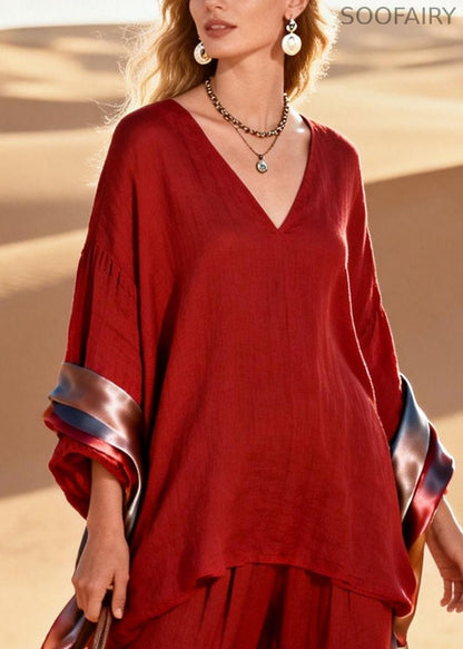 Red Oversized Patchwork Shawl Silk Linen 2 Piece Outfit Spring