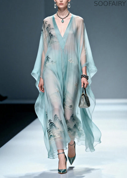 Blue V Neck Print Chiffon Long Dress Spring