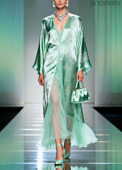 Art Lake Green Jacquard Patchwork Tulle Silk Long Dresses Spring