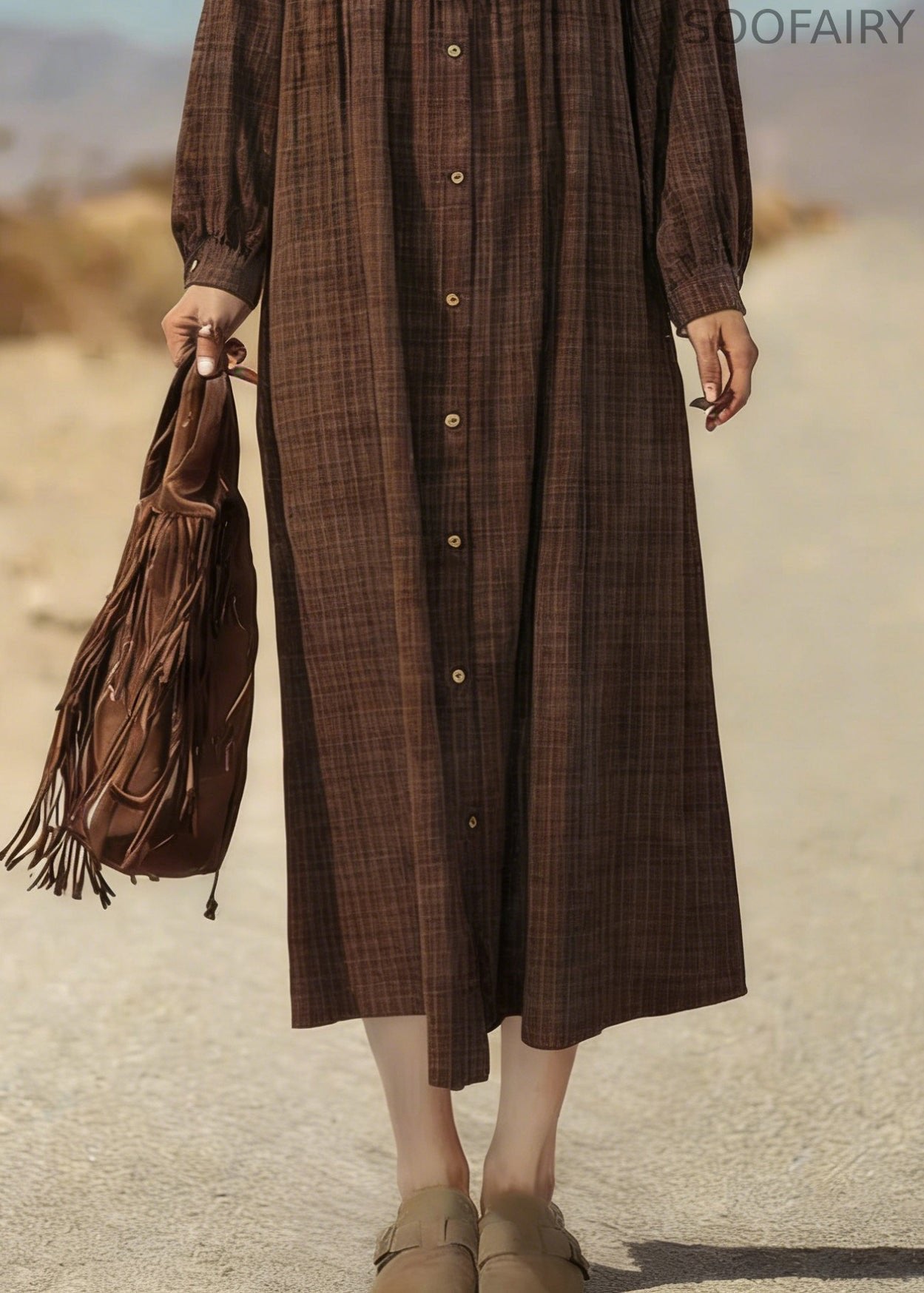 Retro Coffee Plaid Button Cotton Shirts Dress Spring