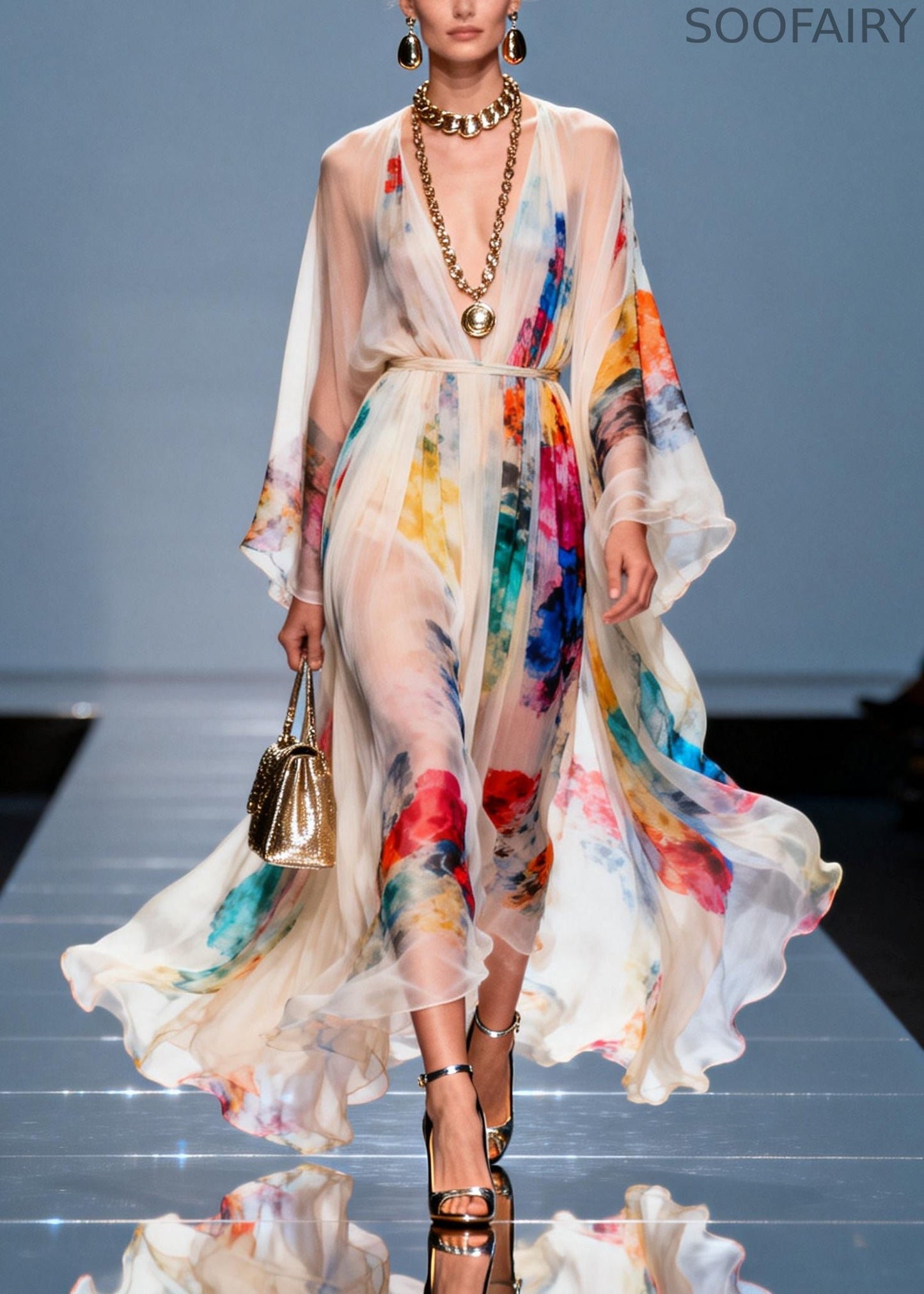 White Tie Waist Tie Dye Chiffon Maxi Dresses Summer