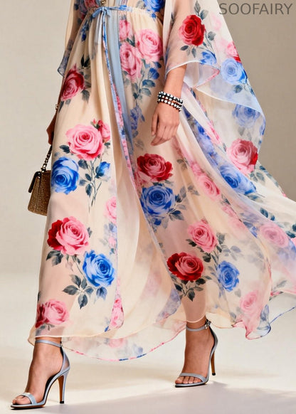 Apricot Tie Waist Print Chiffon Party Dress Summer