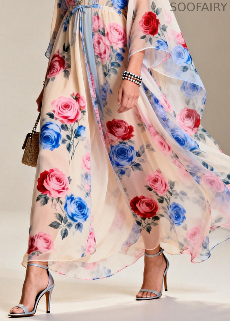 Apricot Tie Waist Print Chiffon Party Dress Summer