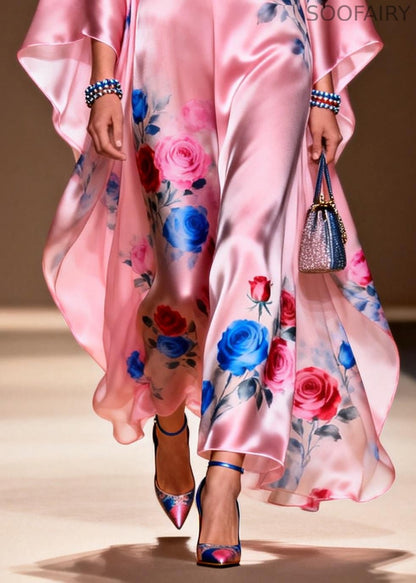 Art Pink Oversized Print Silk Party Dress Summer