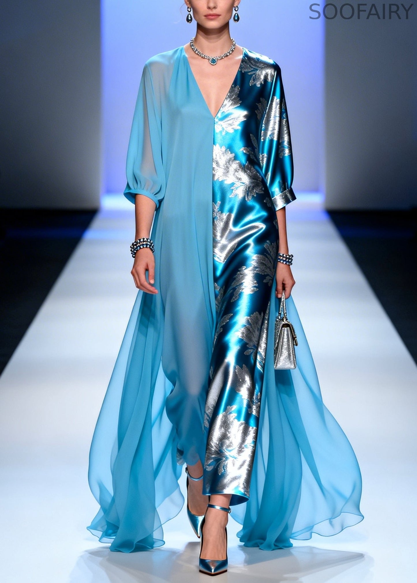 Blue Asymmetrical Patchwork Chiffon Party Dress Summer