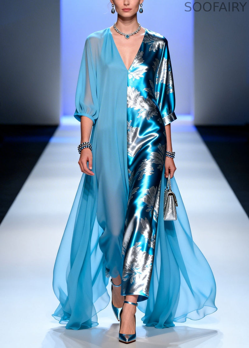 Blue Asymmetrical Patchwork Chiffon Party Dress Summer