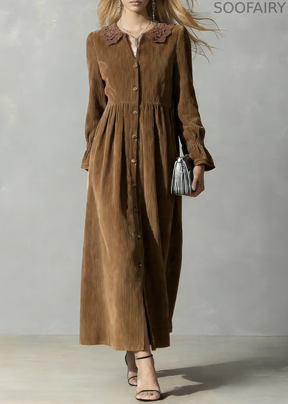 Coffee Button Oversized Corduroy Shirts Dress Peter Pan Collar
