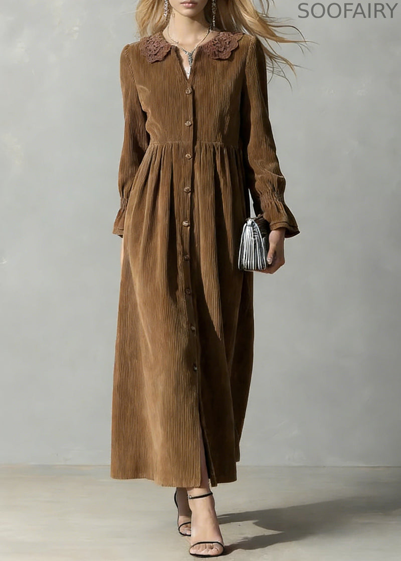 Coffee Button Oversized Corduroy Shirts Dress Peter Pan Collar