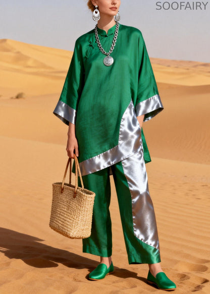 Green Asymmetrical Chinese Button Silk Patchwork Two Pieces Set Stand Collar