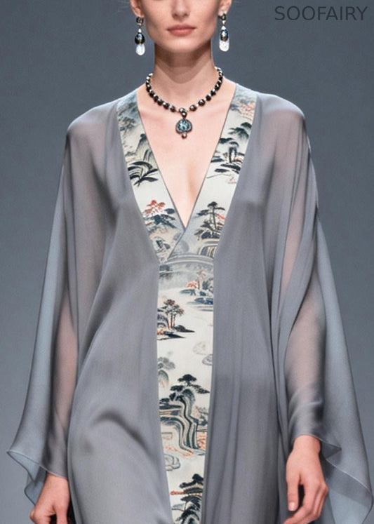 Retro Grey V Neck Patchwork Print Chiffon Maxi Dress Summer