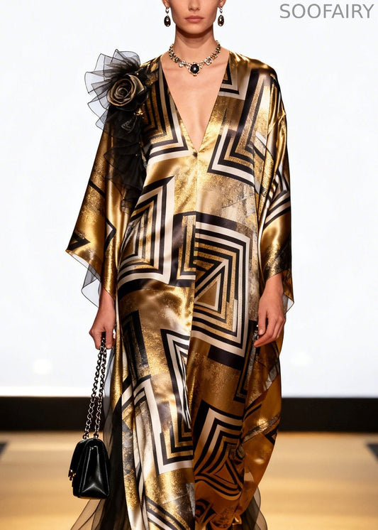 Loose V Neck Print Patchwork Silk Long Dress Spring