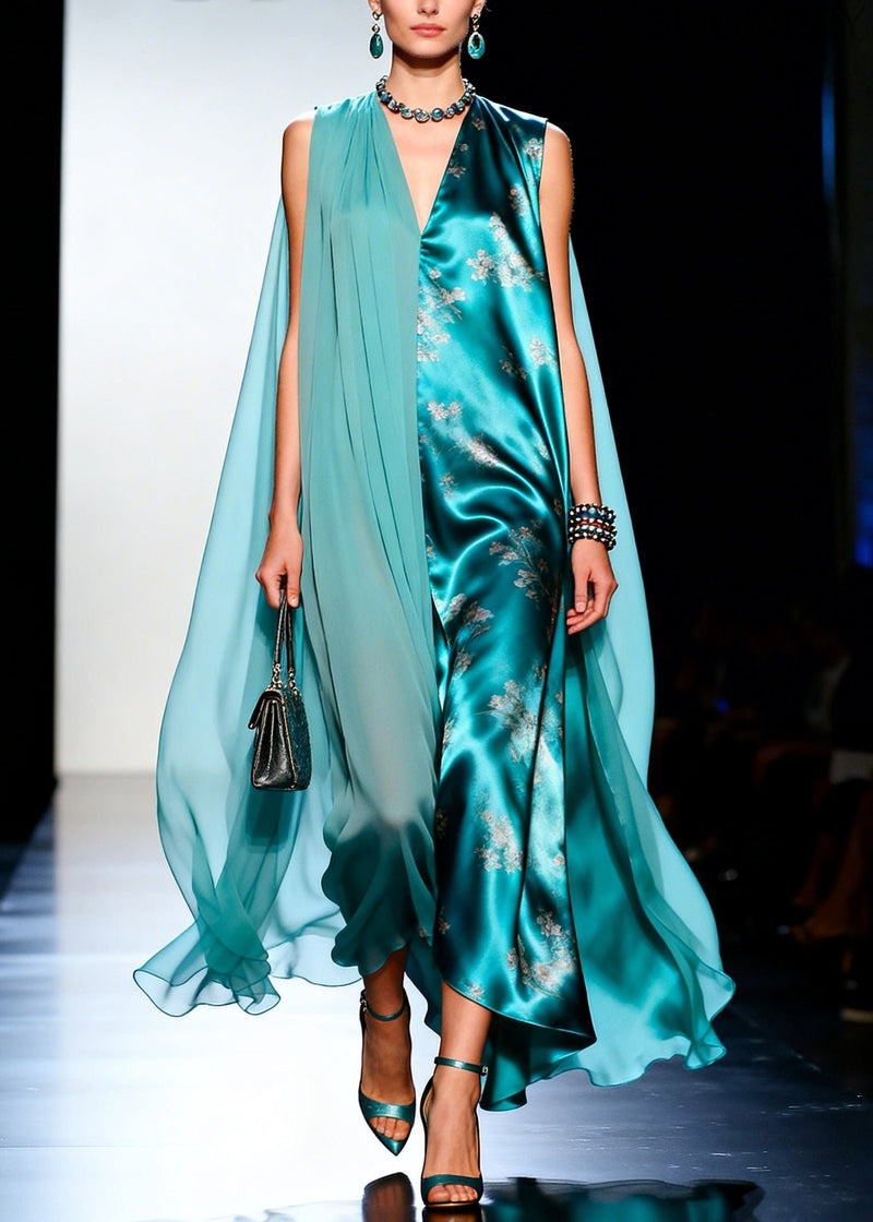 Blue Asymmetrical Patchwork Tulle Maxi Dresses Sleeveless