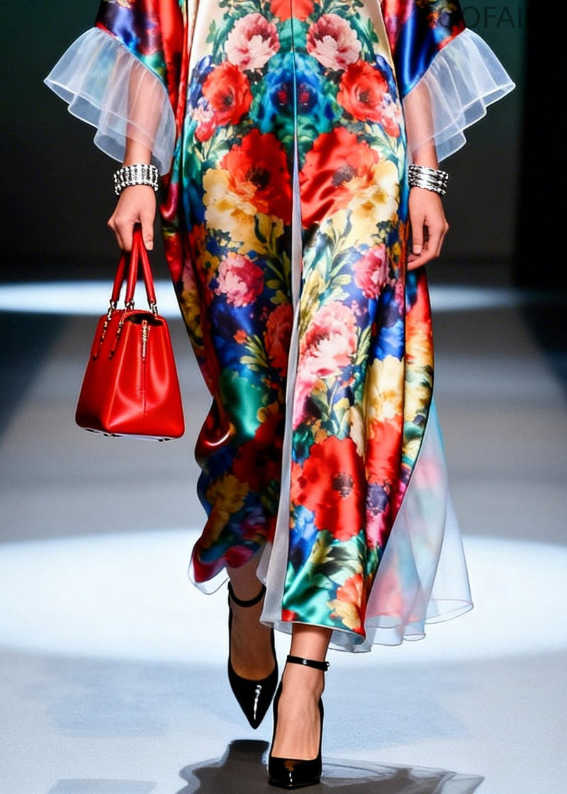Ruffled Patchwork Multicolored Silk Robe Dresses Summer