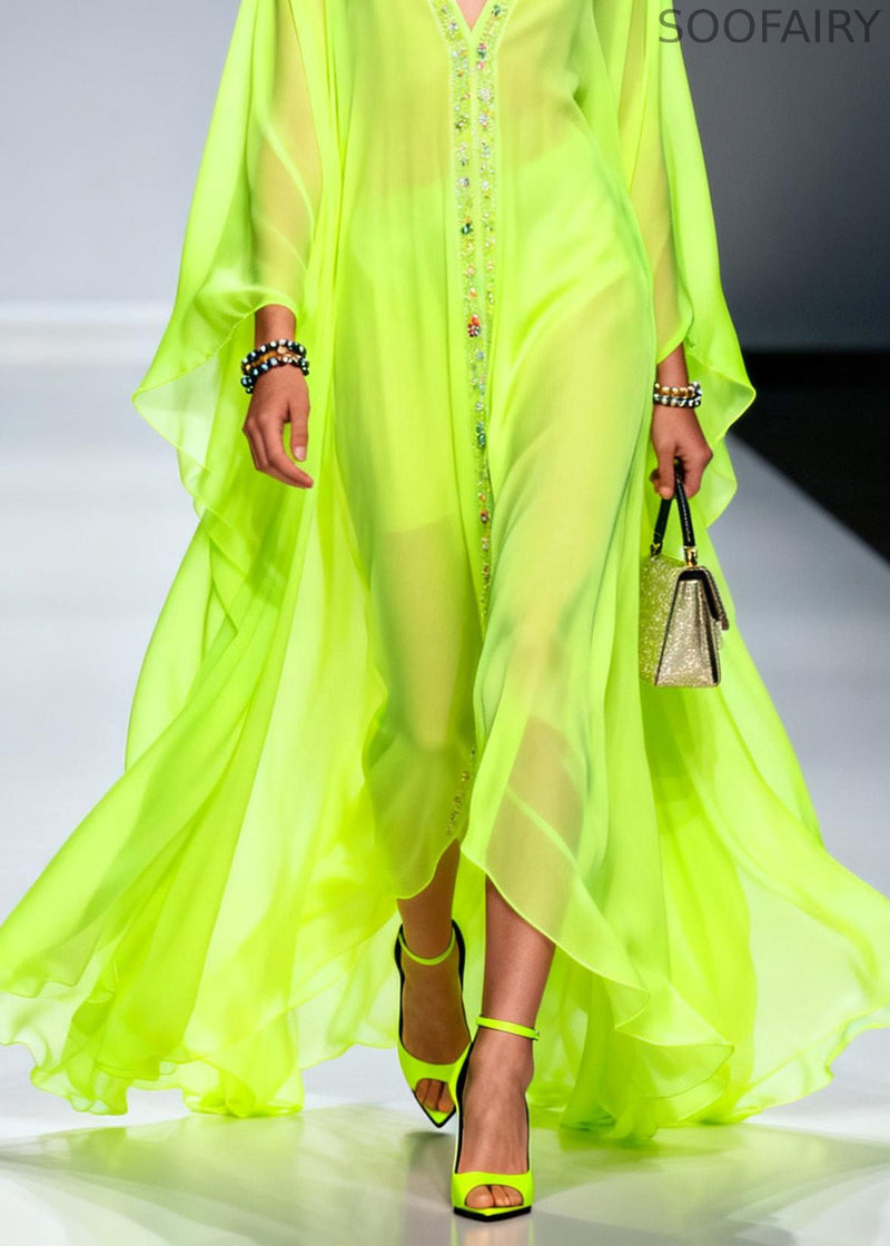 Handmade Fluorescent Green V Neck Zircon Chiffon Dress Spring