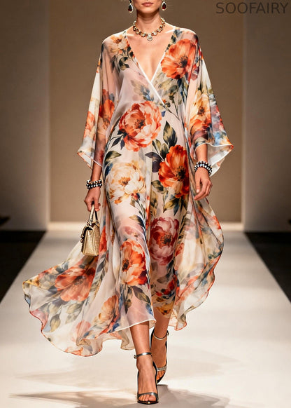 Italian V Neck Print Chiffon Long Dresses Summer