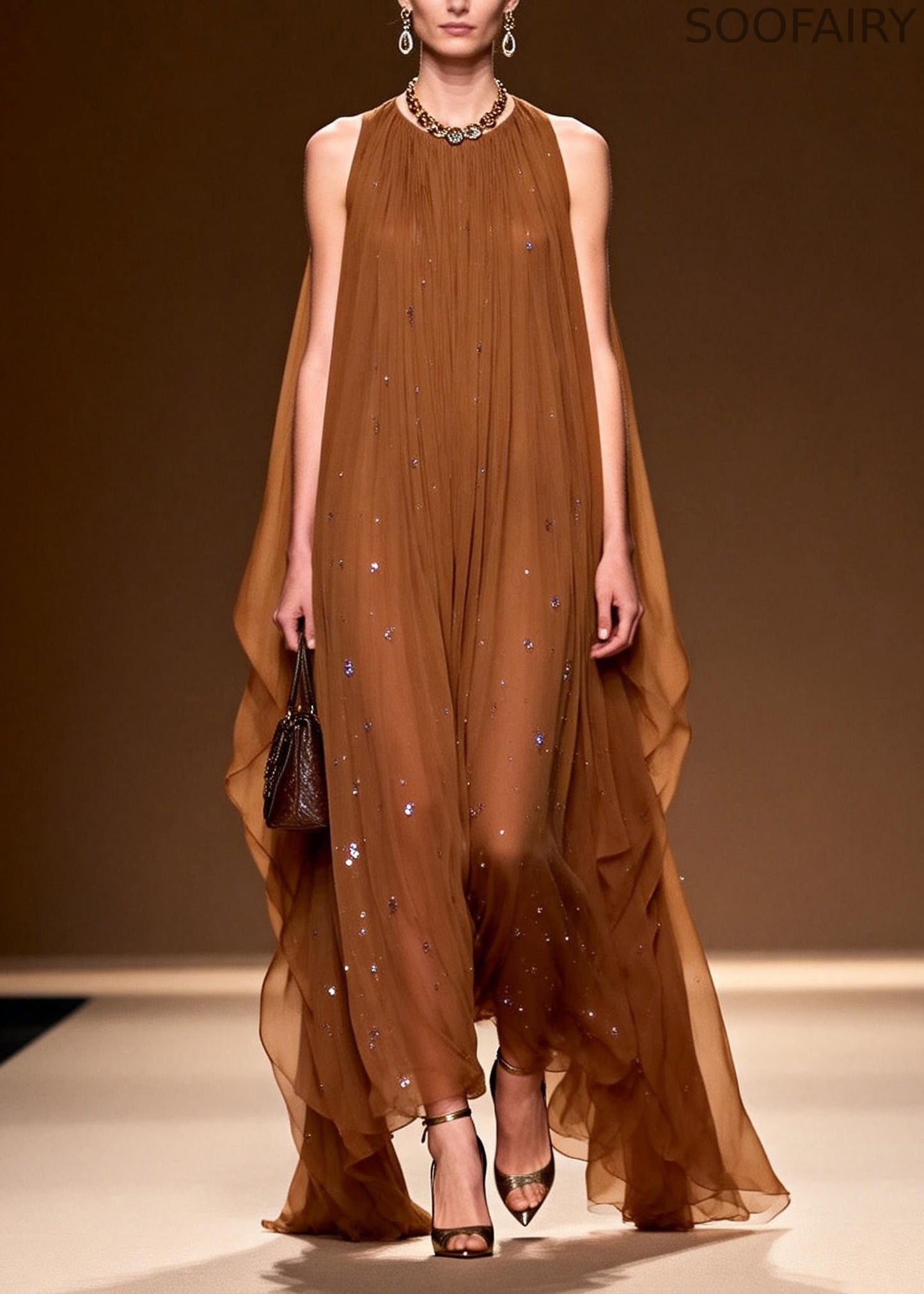 O Neck Zircon Chiffon Long Dress Sleeveless
