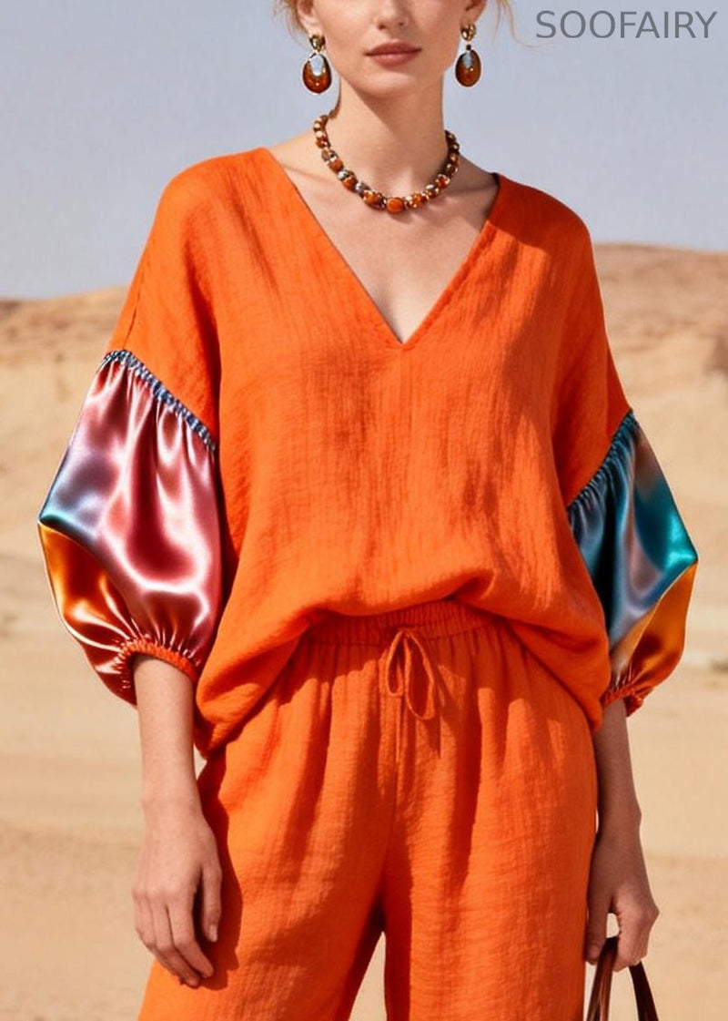 Orange V Neck Patchwork Linen 2 Piece Outfit Lantern Sleeve