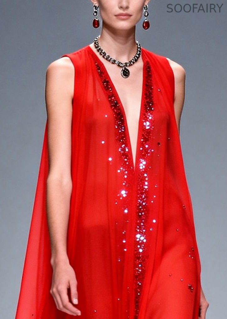 Red Rhinestone Exra Large Hem Chiffon Party Dresses Sleeveless