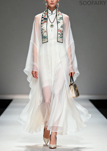 Boutique White Stand Collar Patchwork Chiffon Two Pieces Set Summer